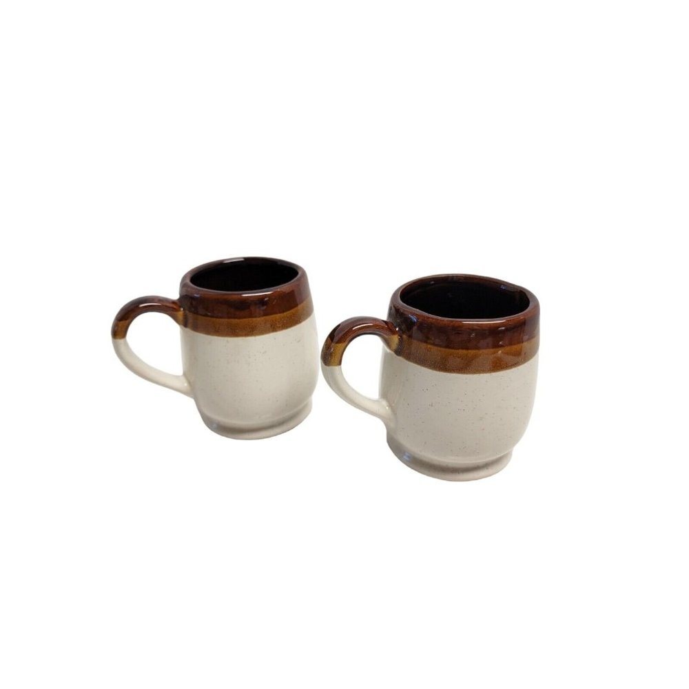 2 Pc Vintage Stoneware Coffee Mugs Brown and Cream Cups Striped 1970's MCM